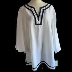 Tweeds White Linen Tunic with Black Accents NWT